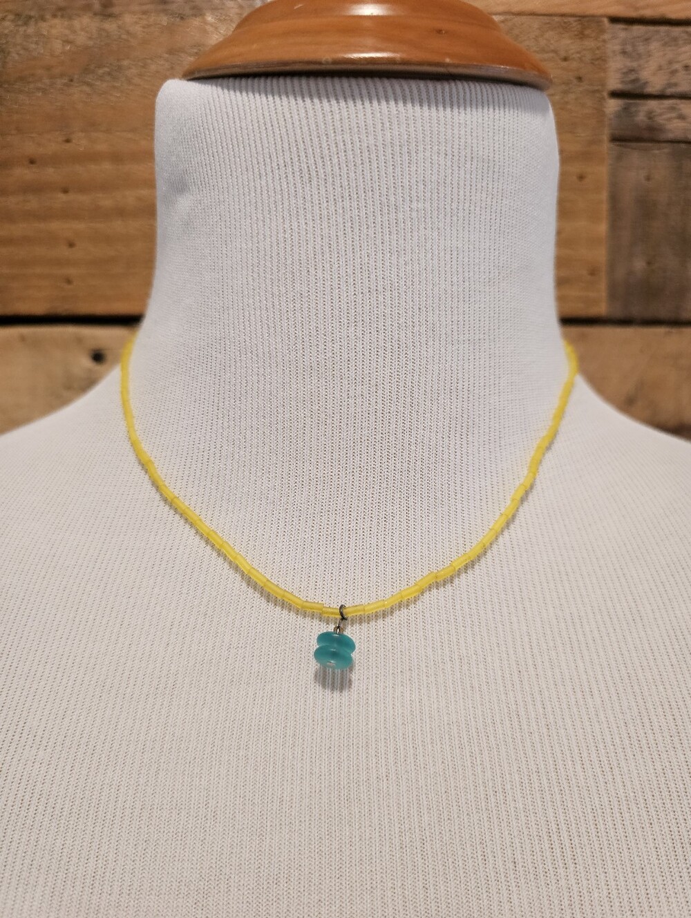 Handmade Yellow Tube Bead Necklace with Aqua Pendant